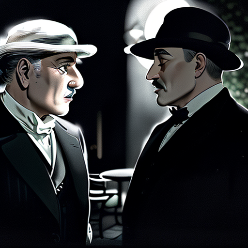 Poirot and Basil in a moonlit patio, Basil's tear-streaked face contorted in despair as he confesses, while Poirot listens, his face solemn under the heavy shadows of the night.